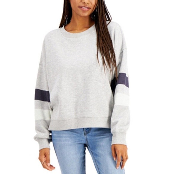 Hippie Rose Tops - JR462 Hippie Rose Gray Juniors' Striped-Sleeve Sweatshirt Size L